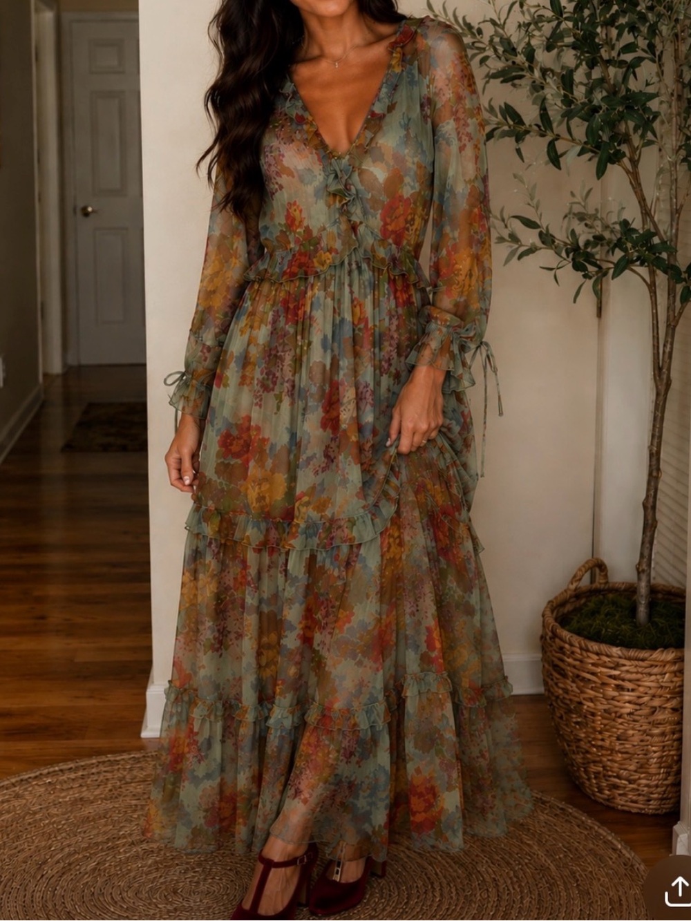 NWT Sz XL Sundance Romantic Boho Fall Florals Tiered Maxi Dress Floral Cottage